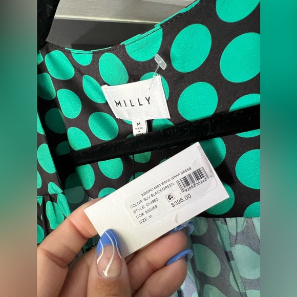 Milly Milky Siena Wrap Dress, Black Green Polka Dot (Medium) NWT $395 - Picture 7 of 8
